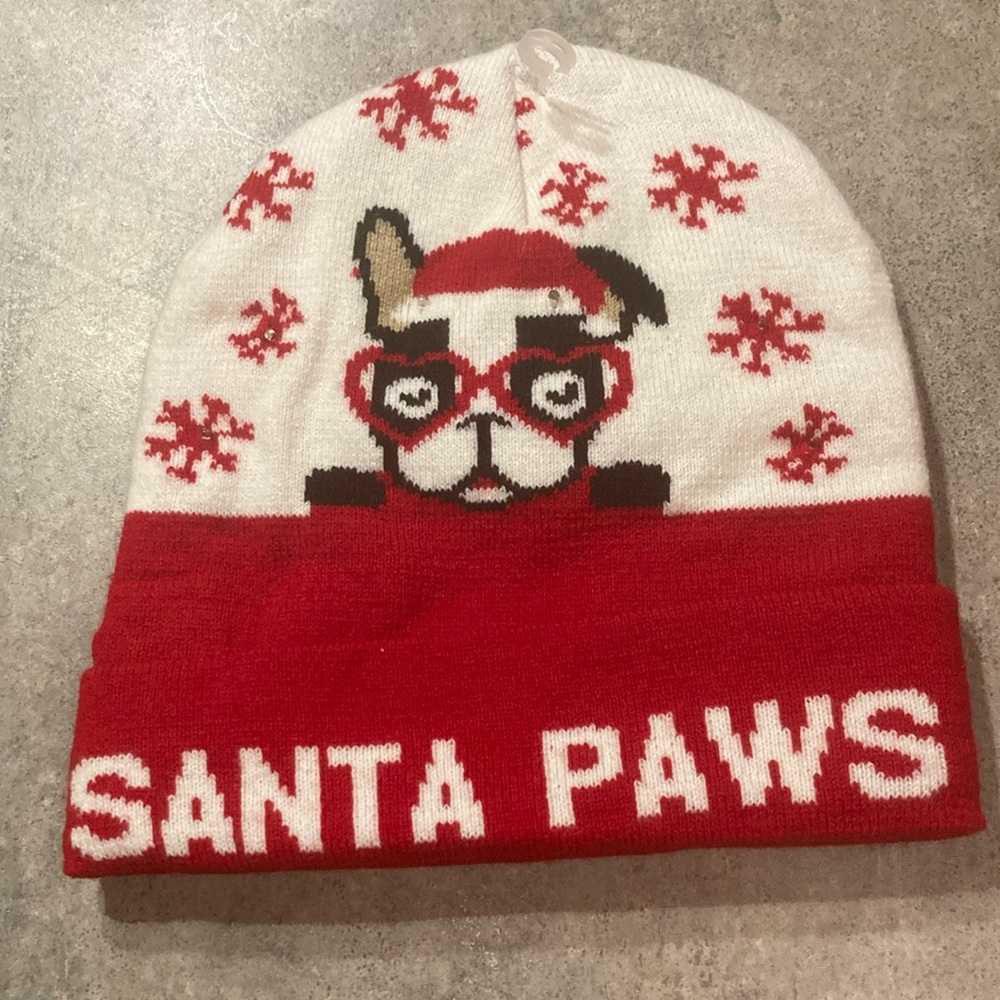 Santa paws doggie Christmas light up winter beanie hat NEW !!